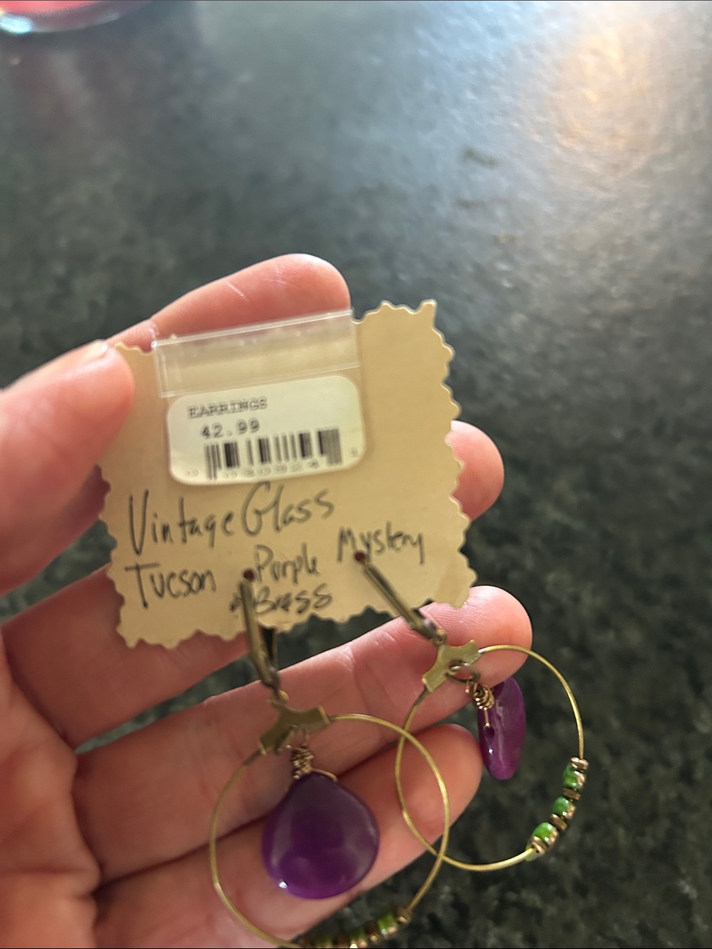 NWT vintage glass Tucson purple and green mystery brass earrings - Picture 4 of 7